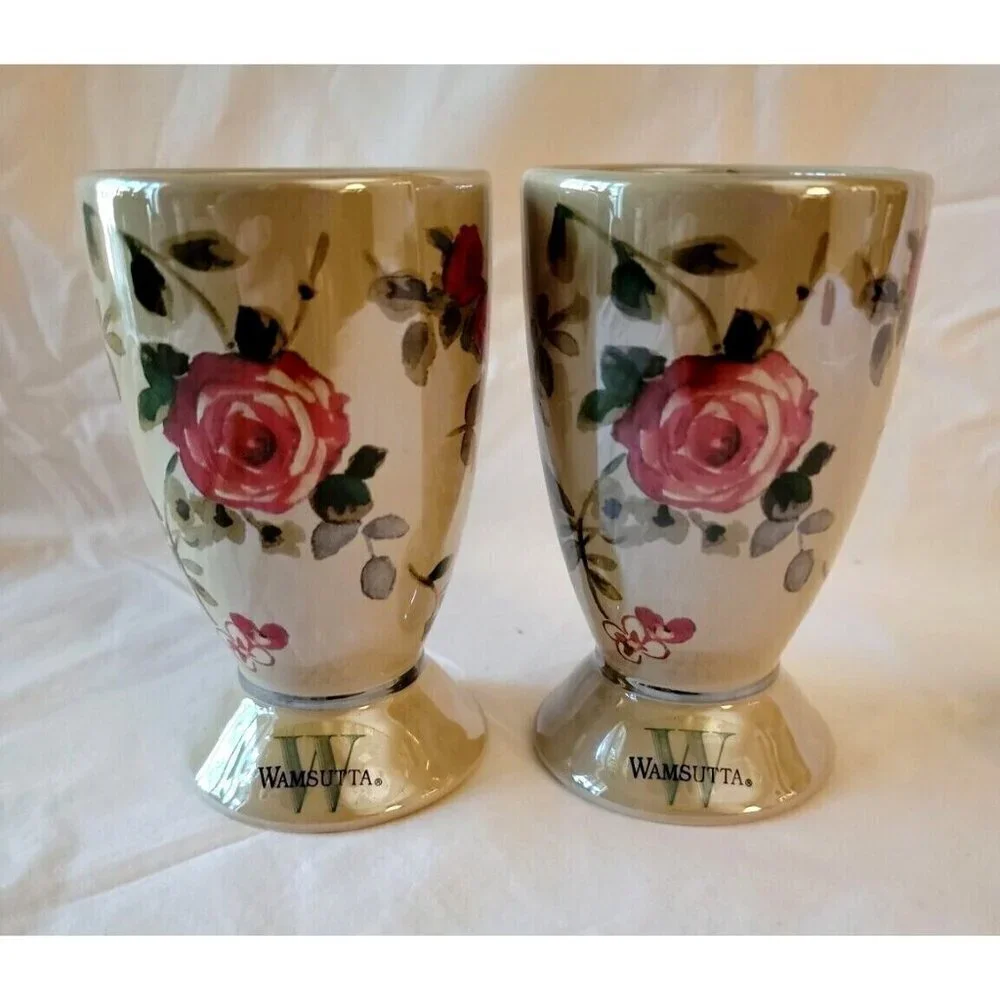 2 Lenox Bathroom Tumblers Wamsutta Springs Floral glazed Ceramic taupe beige